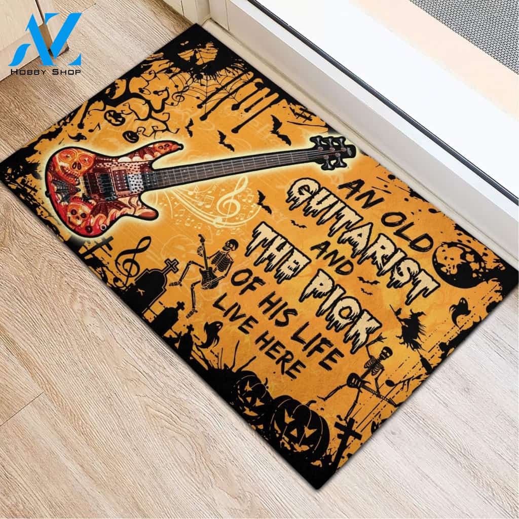 Halloween An Old Guitarist And The Pick Of His Life Lives Here Doormat Indoor And Outdoor Mat Entrance Rug Sweet Home Decor Housewarming Gift Gift For Friend Family Stem Feminist