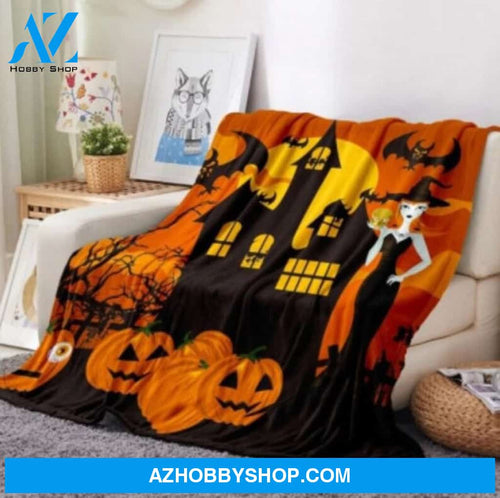 Halloween Beautiful Witch And Pumkins Fleece Blanket Halloween Adult Blanket