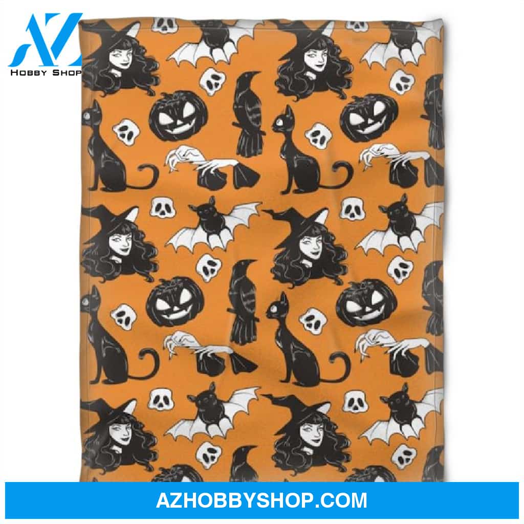 Halloween Black Witch Orange Fleece Blanket Halloween Adult Blanket