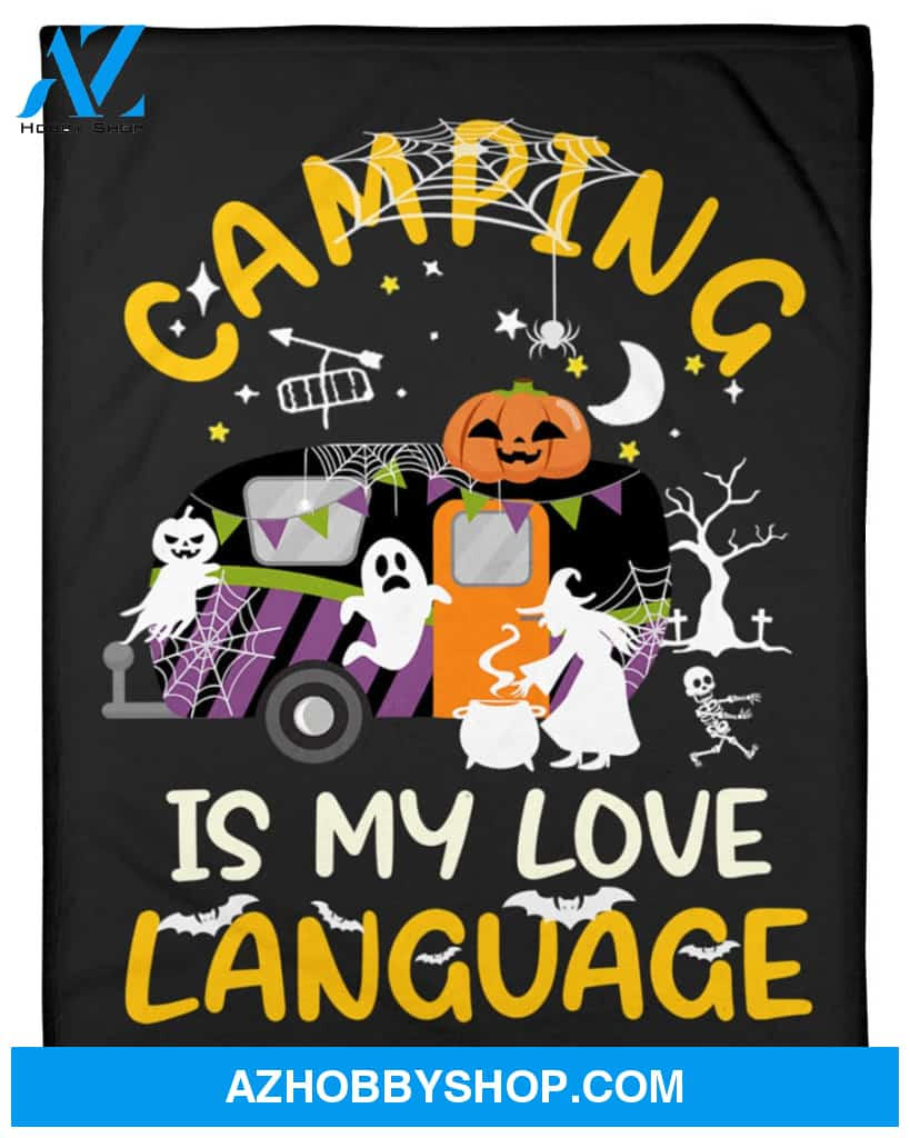 Halloween Camping Is My Love Language Fleece Blanket Gift For Family, Birthday, Parents, Halloween, Couple Gift Home Decor Bedding Couch Sofa Soft and Comfy