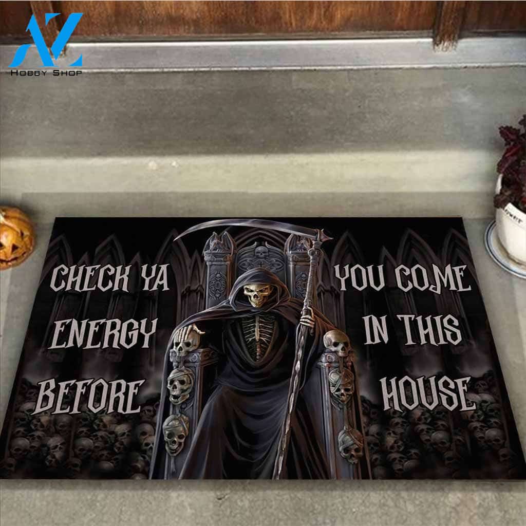 Halloween Check Ya Energy Skull Doormat Indoor And Outdoor Mat Entrance Rug Sweet Home Decor Housewarming Gift Gift For Friend Family Stem Feminist