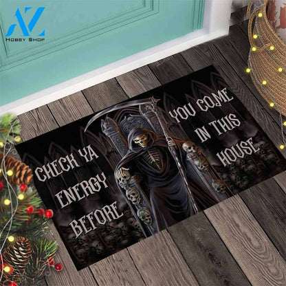 Halloween Check Ya Energy Skull Doormat Indoor And Outdoor Mat Entrance Rug Sweet Home Decor Housewarming Gift Gift For Friend Family Stem Feminist