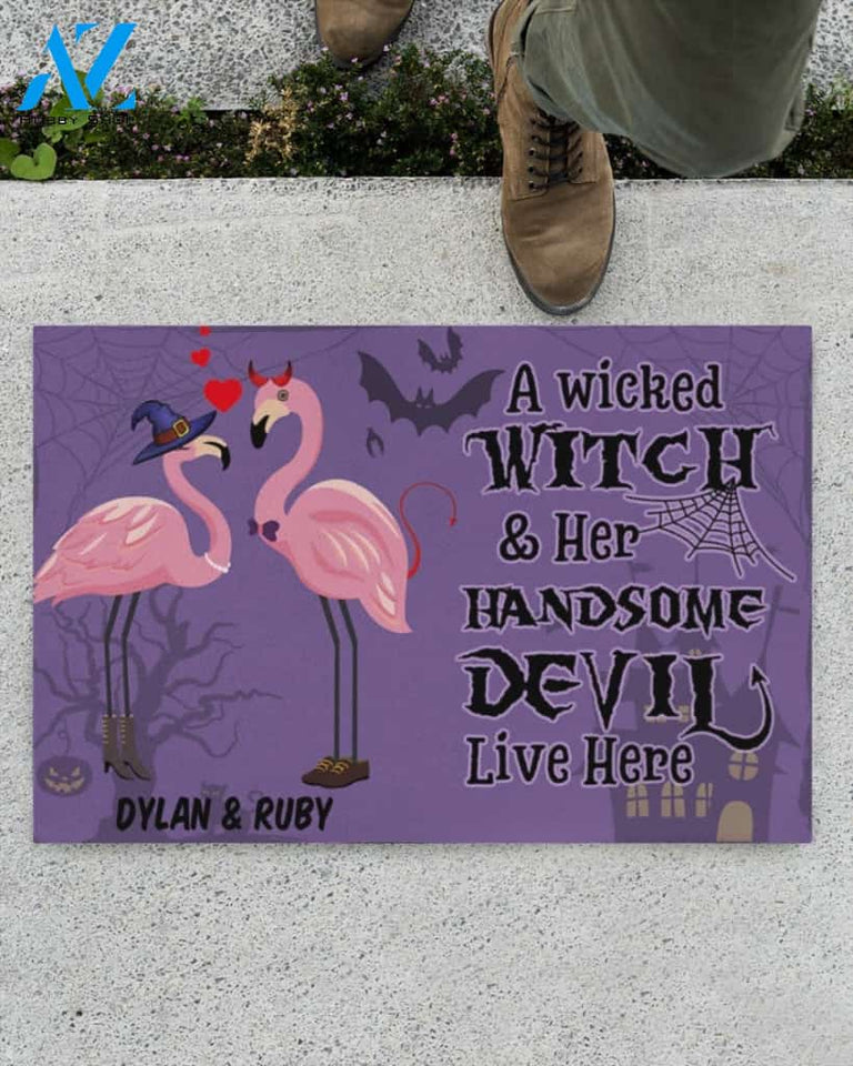 Halloween Flamingo A Witch And Her Devil Funny Doormat Gift For Flamingo Lovers Birthday Gift Home Decor Warm House Gift Welcome Mat