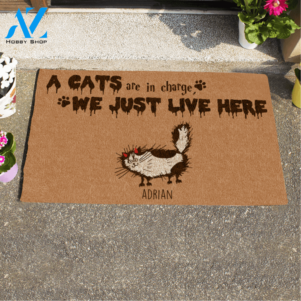 Halloween Fluffy Cat , The Cats Are In Charge We Just Live Here Personalized Doormat HQ