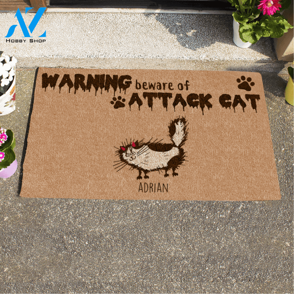 Halloween Fluffy Cat, Warning Beware Of Attack Cat Personalized Doormat HQ