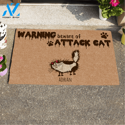 Halloween Fluffy Cat, Warning Beware Of Attack Cat Personalized Doormat HQ