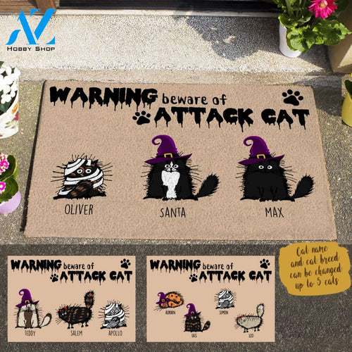 Halloween Fluffy Cat, Warning Beware Of Attack Cat Personalized Doormat HQ