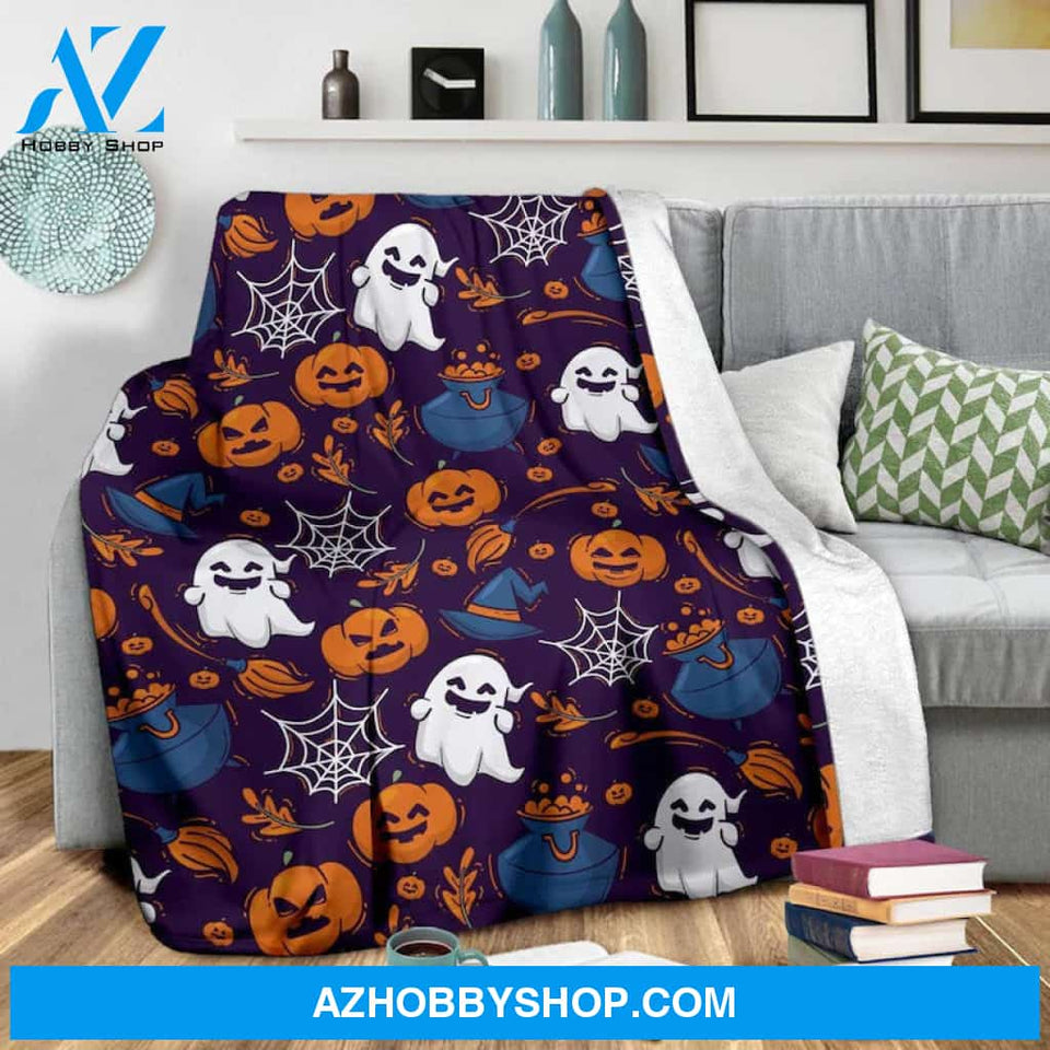 Halloween Ghost Blanket, Pumpkin Motif, Witch Hat And Broom, Gift For Friend Family Home Decor Bedding Couch Sofa Soft and Comfy Cozy