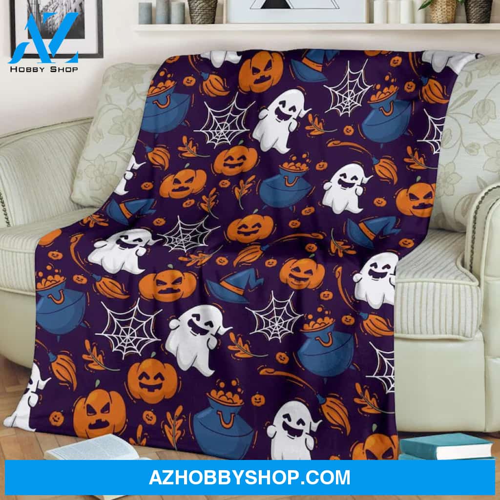 Halloween Ghost Blanket, Pumpkin Motif, Witch Hat And Broom, Gift For Friend Family Home Decor Bedding Couch Sofa Soft and Comfy Cozy