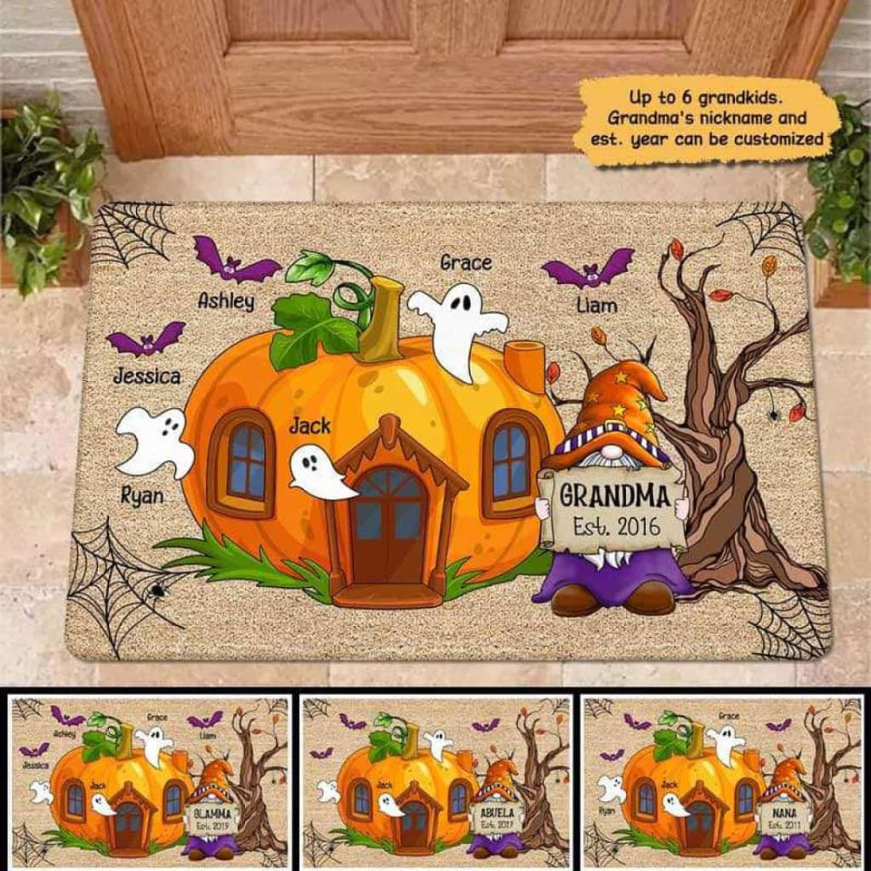 Halloween Grandma Gnome Pumpkin House Personalized Doormat