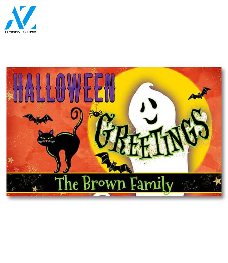Halloween Greetings Ghost Personalized Doormat - 18" x 30"