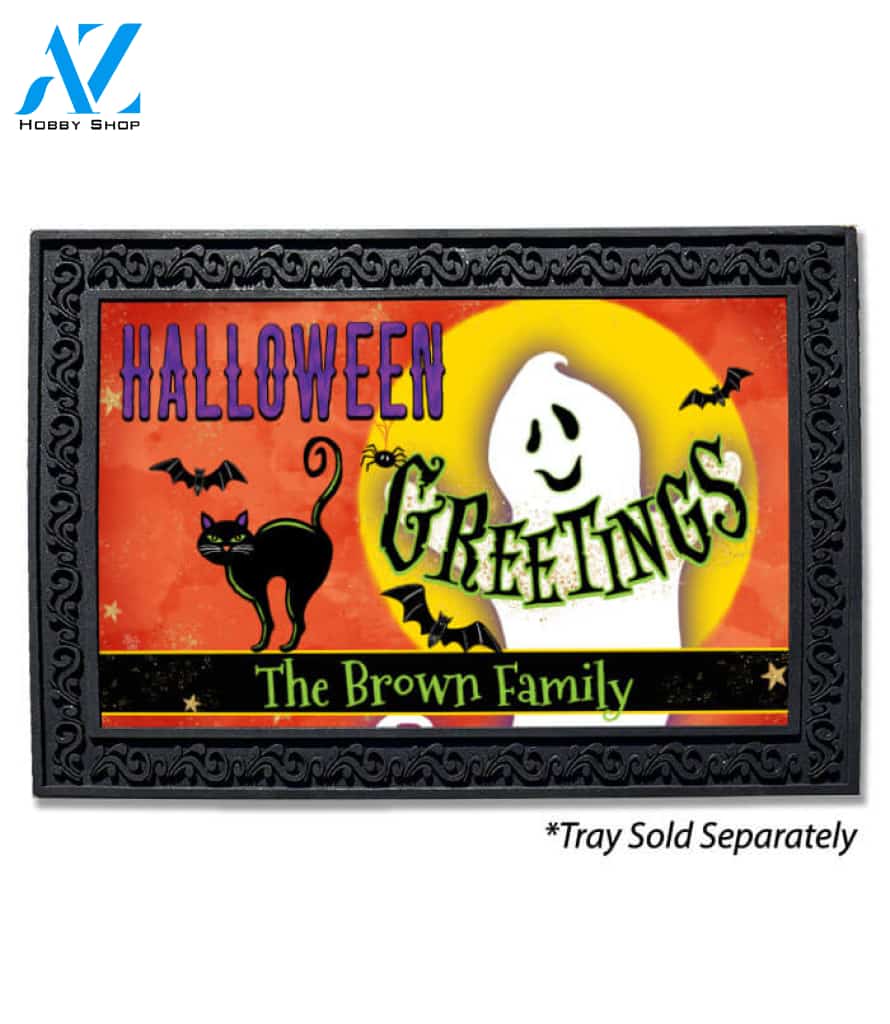 Halloween Greetings Ghost Personalized Doormat - 18" x 30"
