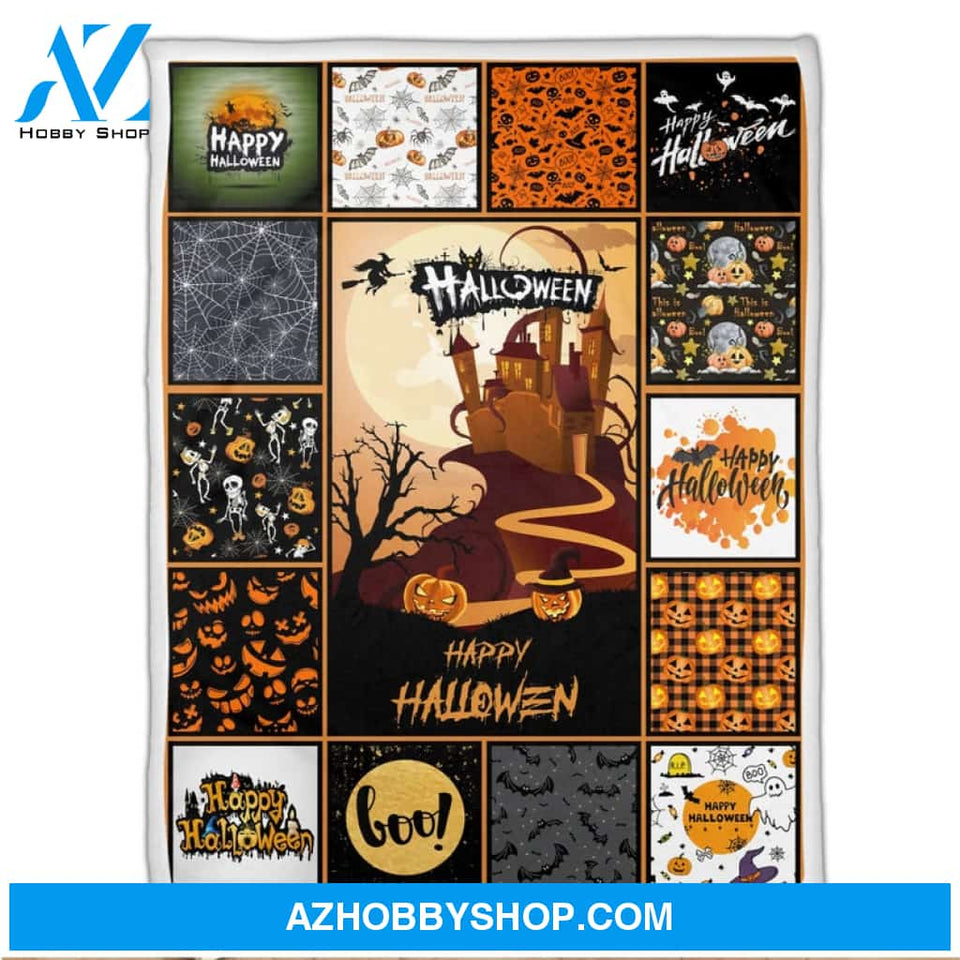 Halloween Happy Halloween Witch Riding Broom Fleece Blanket Gift For Family, Birthday, Halloween, Couple Gift Home Decor Bedding Couch Sofa Soft and Comfy