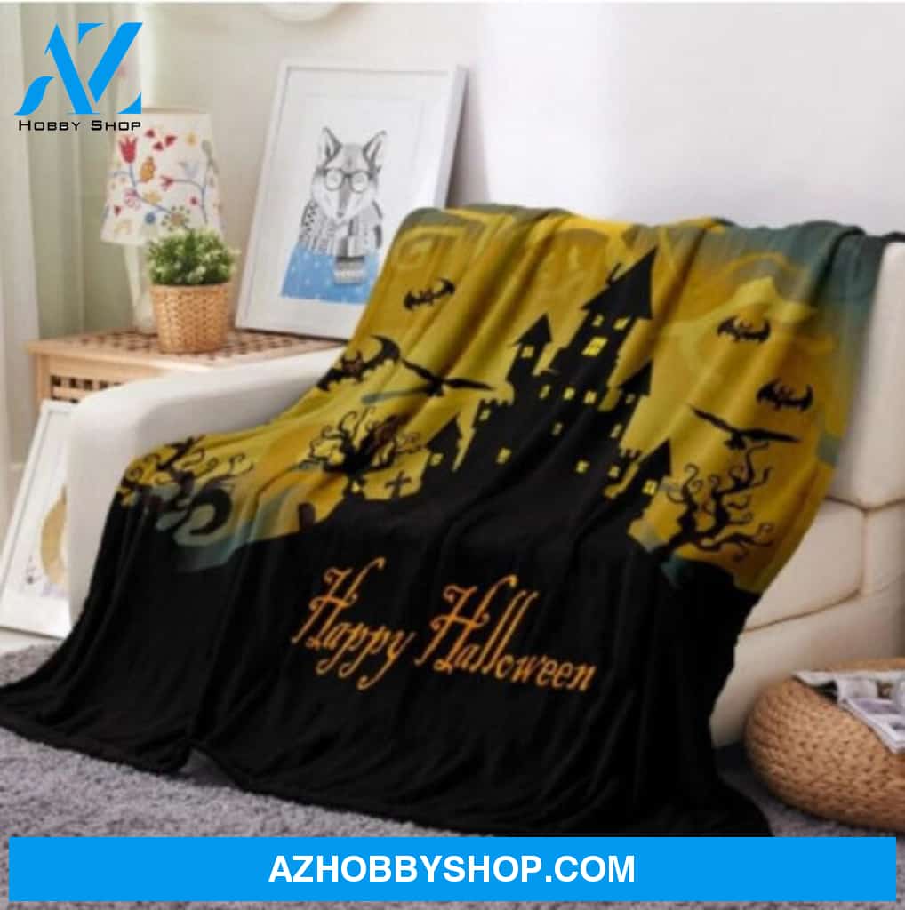 Halloween Happy Halloween Yellow Sky Night Fleece Blanket Halloween Adult Blanket, Pumpkins Emotions Halloween,Trick or Treat Home Decor Bedding Couch Sofa Soft And Comfy Cozy
