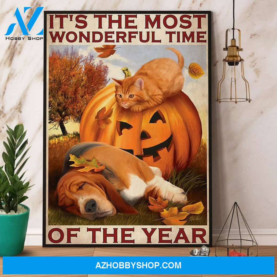 Halloween It’S The Most Wonderful Time Ginger Cat And Beagle Dog Fall Canvas And Poster, Wall Decor Visual Art, Halloween Gift, Happy Halloween
