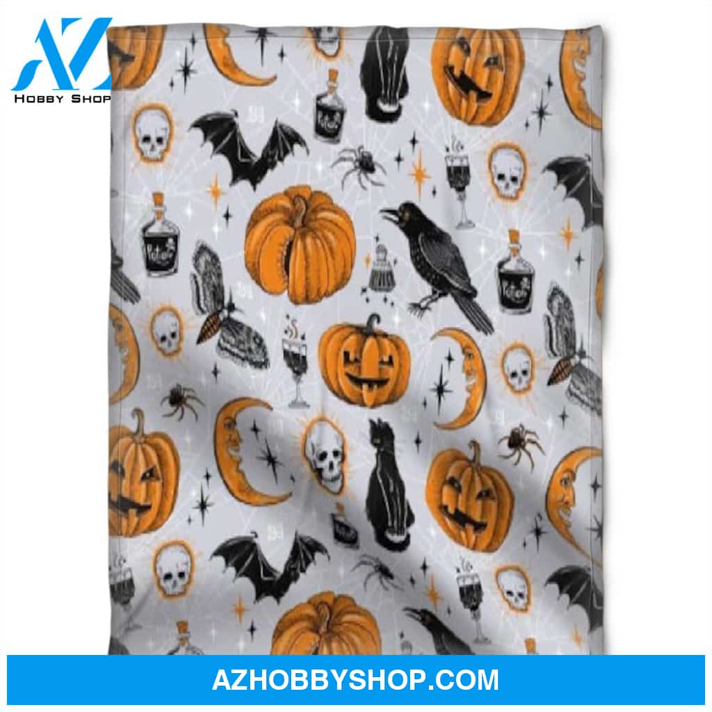 Halloween Pumkins And Skulls Fleece Blanket Halloween Adult Blanket