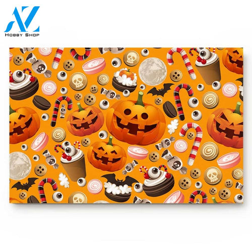 Halloween Pumpkin Cake Candy Texture Indoor And Outdoor Doormat Warm House Gift Welcome Mat Birthday Gift For Halloween Lover