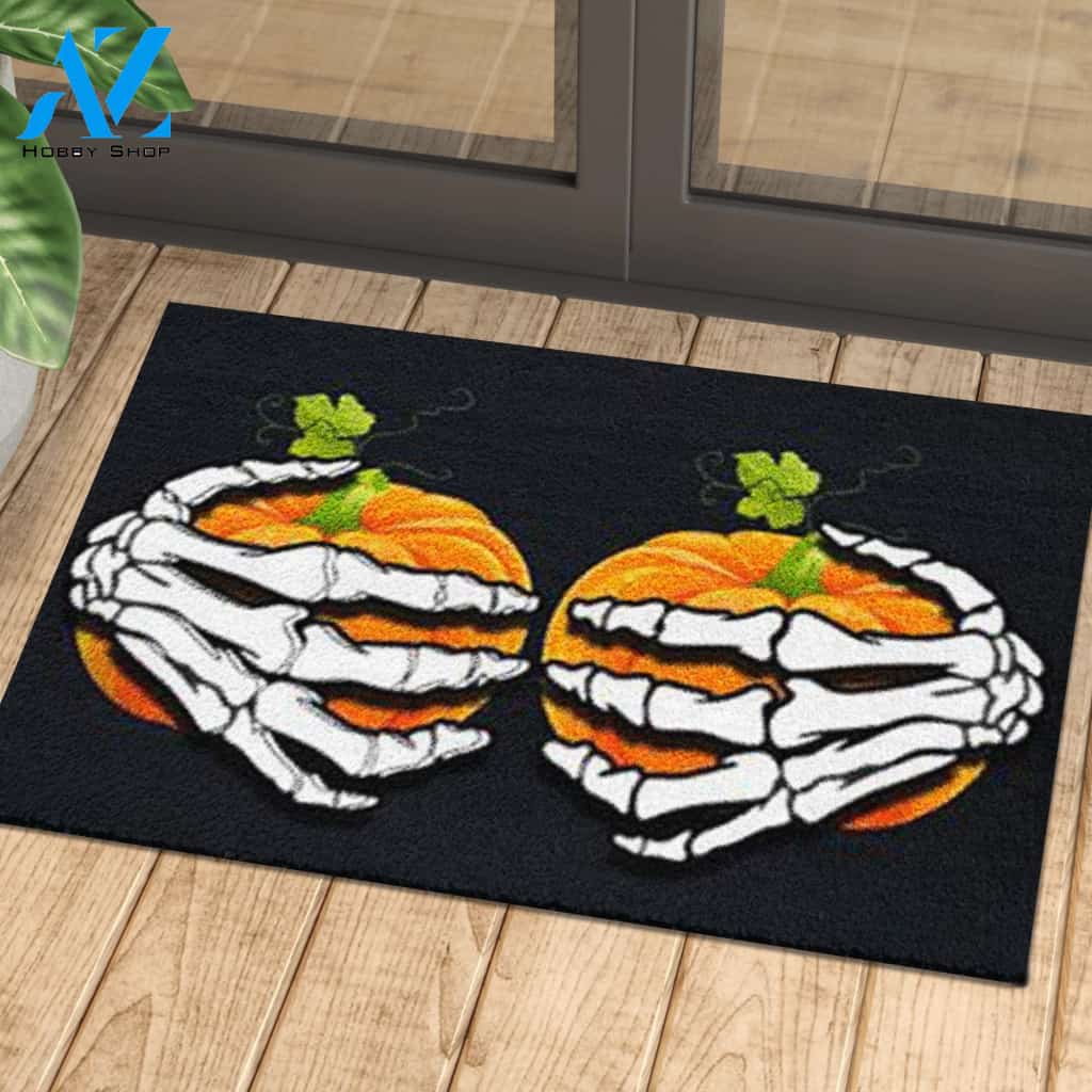 Halloween Pumpkin Doormat, Skeleton Hands Holding Pumpkins Boobs Indoor And Outdoor Doormat Warm House Gift Welcome Mat Gift For Funny Halloween