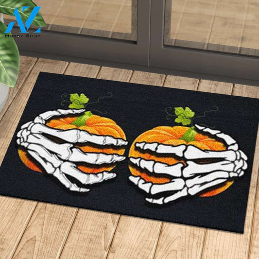 Halloween Pumpkin Doormat, Skeleton Hands Holding Pumpkins Boobs Indoor And Outdoor Doormat Warm House Gift Welcome Mat Gift For Funny Halloween