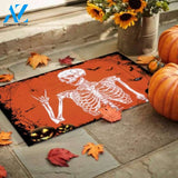 Halloween Rock and Roll Skeleton Skull Outdoor Indoor Doormat – Funny Boho Hippie Halloween Party Decorations