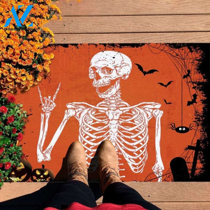 Halloween Rock and Roll Skeleton Skull Outdoor Indoor Doormat – Funny Boho Hippie Halloween Party Decorations