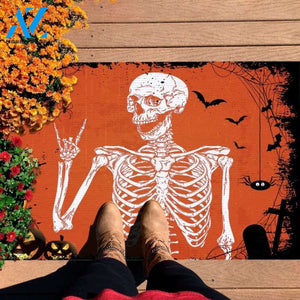 Halloween Rock and Roll Skeleton Skull Outdoor Indoor Doormat – Funny Boho Hippie Halloween Party Decorations