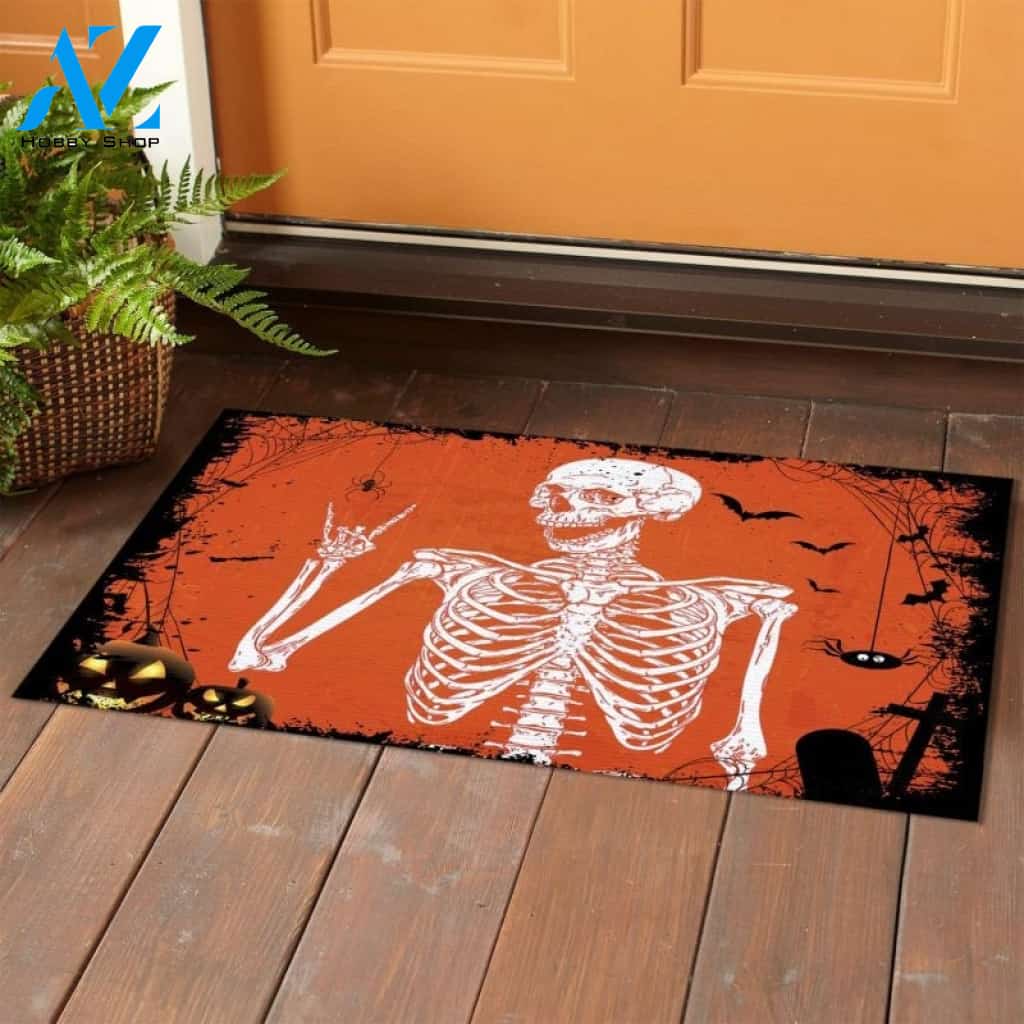 Halloween Rock and Roll Skeleton Skull Outdoor Indoor Doormat – Funny Boho Hippie Halloween Party Decorations