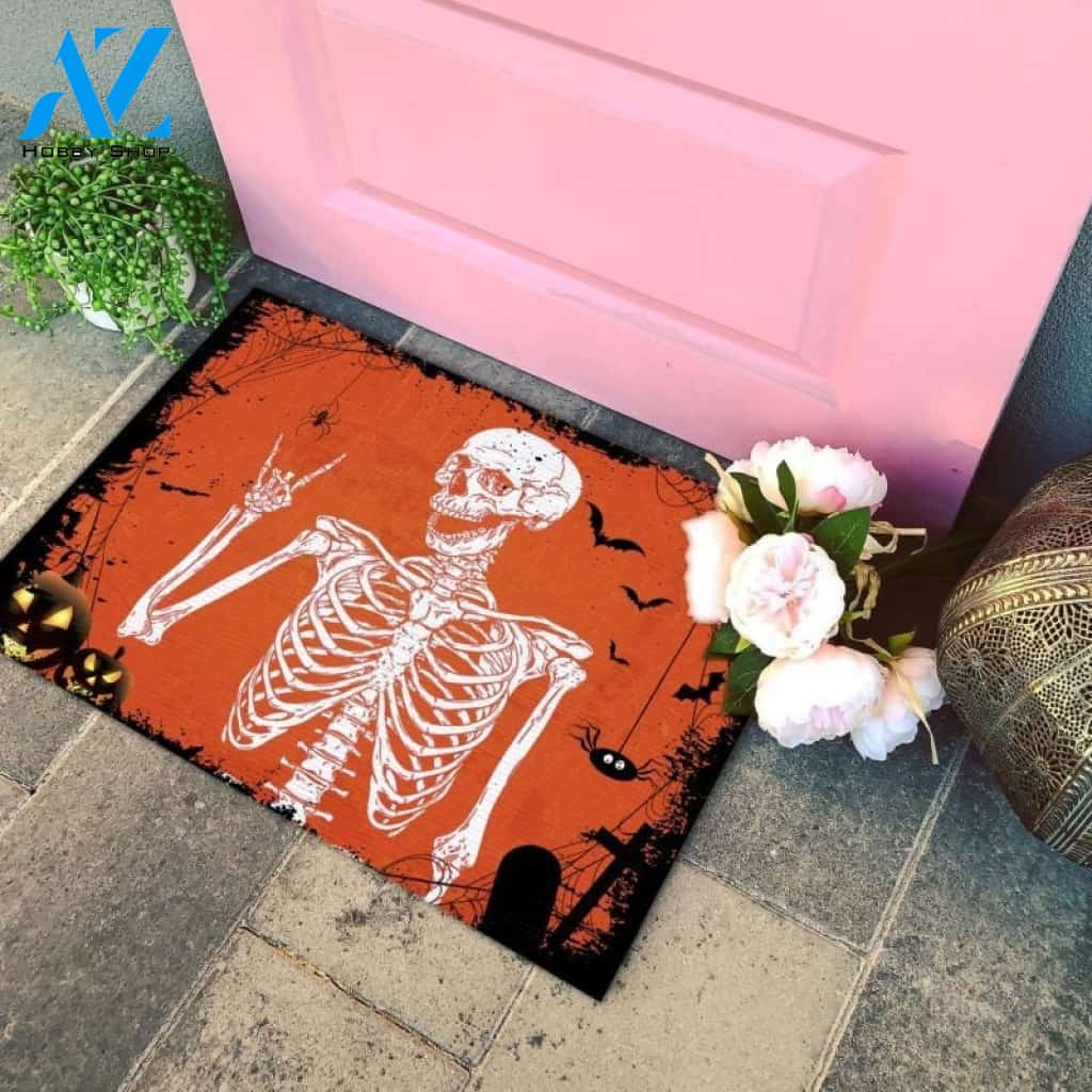 Halloween Rock and Roll Skeleton Skull Outdoor Indoor Doormat – Funny Boho Hippie Halloween Party Decorations
