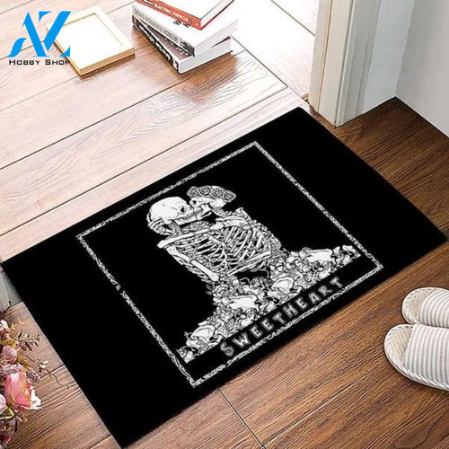 Halloween Rose Skull Couple Welcome Doormat Rug Housewarming Gift Family Welcome Doormat Gift for Friend Family Birthday Gift Home Decor Warm House Gift Welcome Mat