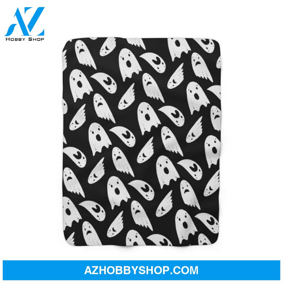 Halloween Sad Ghost White Fleece Blanket Halloween Adult Blanket, Pumpkins Emotions Halloween,Trick or Treat Home Decor Bedding Couch Sofa Soft And Comfy Cozy