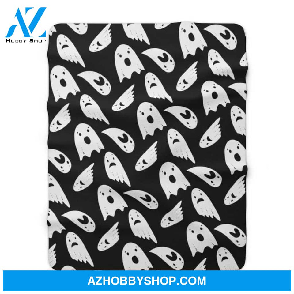 Halloween Sad Ghost White Fleece Blanket Halloween Adult Blanket, Pumpkins Emotions Halloween,Trick or Treat Home Decor Bedding Couch Sofa Soft And Comfy Cozy