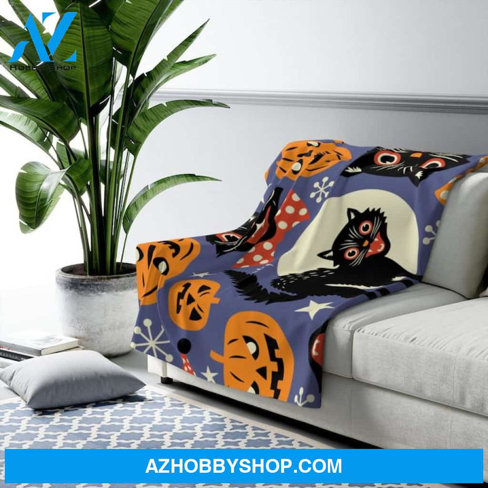 Halloween Scary Cat And Pumkins Fleece Blanket Halloween Adult Blanket, Pumpkins Emotions Halloween,Trick or Treat Home Decor Bedding Couch Sofa Soft And Comfy Cozy