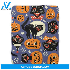 Halloween Scary Cat And Pumkins Fleece Blanket Halloween Adult Blanket, Pumpkins Emotions Halloween,Trick or Treat Home Decor Bedding Couch Sofa Soft And Comfy Cozy