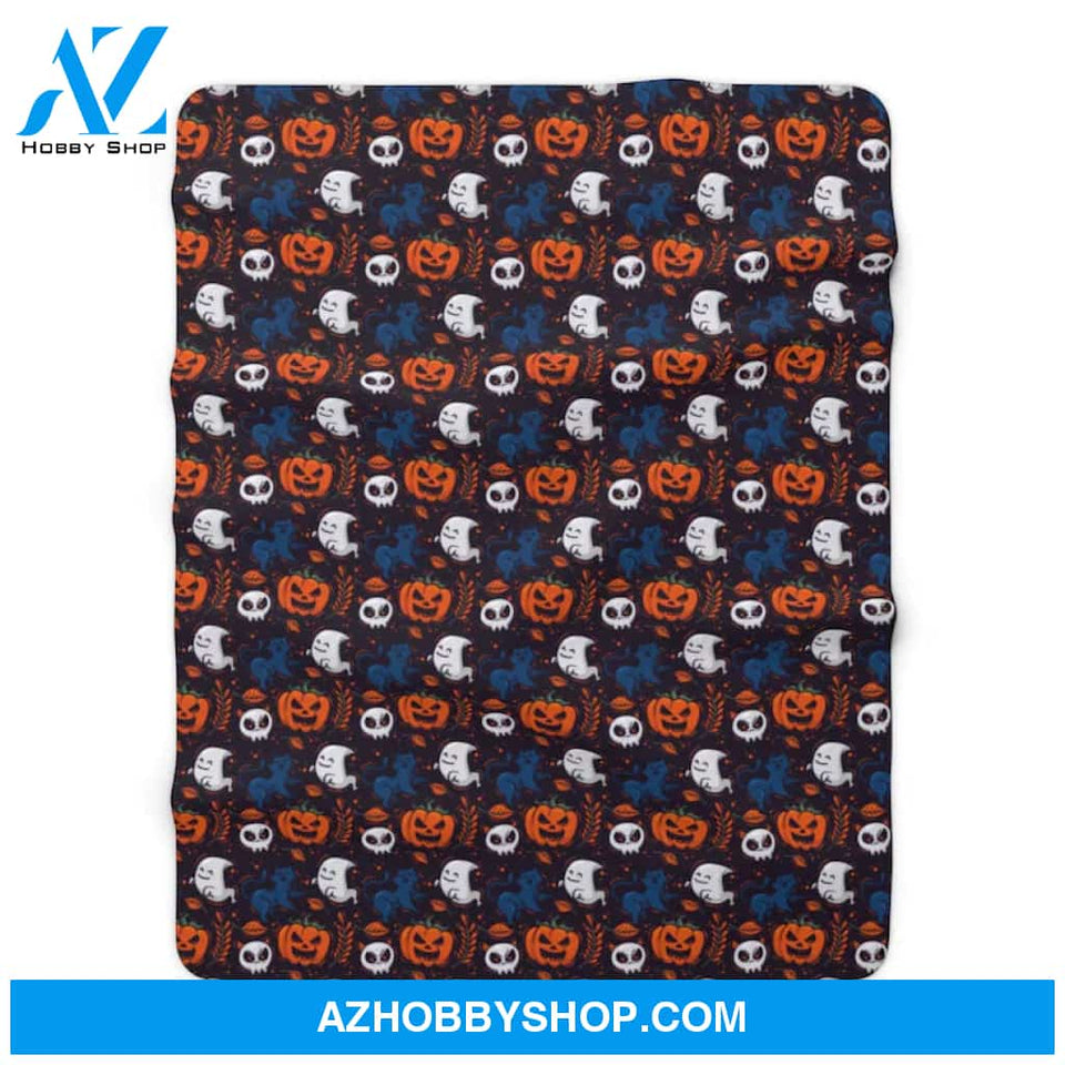 Halloween Sherpa Fleece Blanket, Black Orange Pumpkins Ghosts Spooky Soft Fluffy Adult Kids Gift For Friend Family Home Decor Bedding Couch Sofa Soft and Comfy Cozy