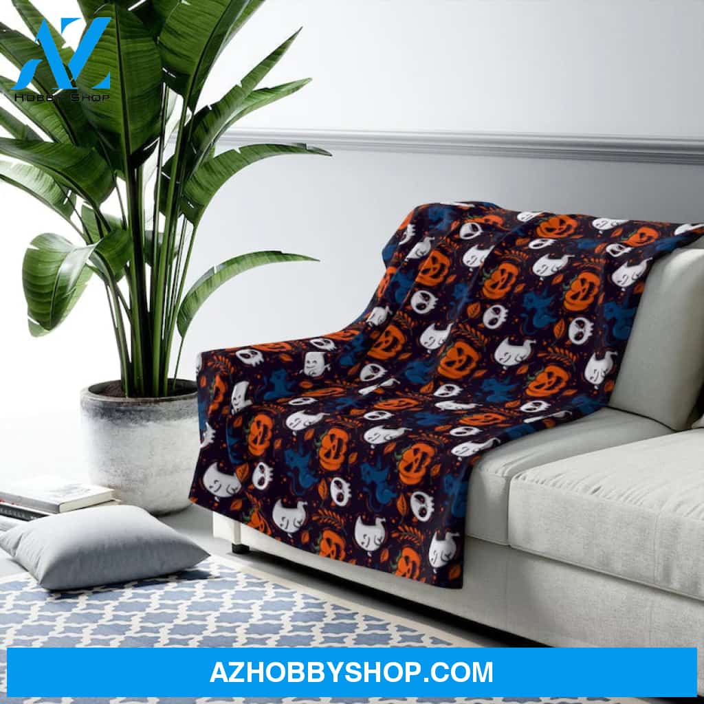 Halloween Sherpa Fleece Blanket, Black Orange Pumpkins Ghosts Spooky Soft Fluffy Adult Kids Gift For Friend Family Home Decor Bedding Couch Sofa Soft and Comfy Cozy