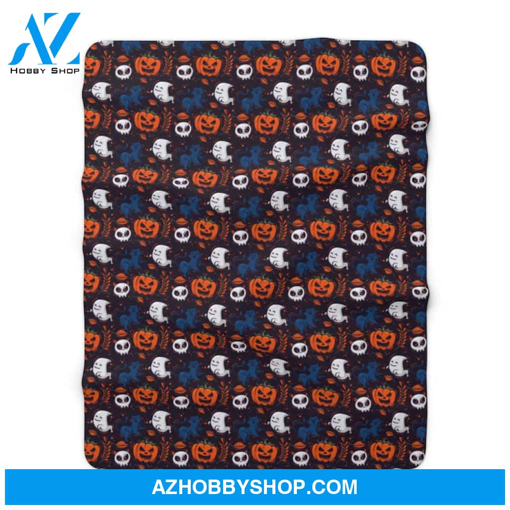 Halloween Sherpa Fleece Blanket, Black Orange Pumpkins Ghosts Spooky Soft Fluffy Adult Kids Gift For Friend Family Home Decor Bedding Couch Sofa Soft and Comfy Cozy