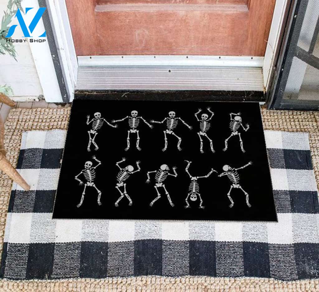 Personalized Name Family House Halloween Skeleton Doormat, Dancing Skeleton Halloween Decor, Halloween Doormat