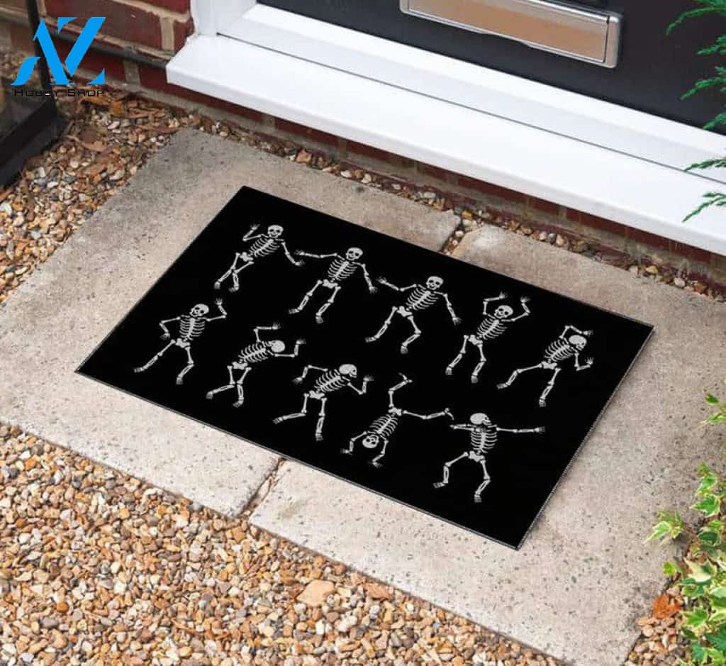 Personalized Name Family House Halloween Skeleton Doormat, Dancing Skeleton Halloween Decor, Halloween Doormat