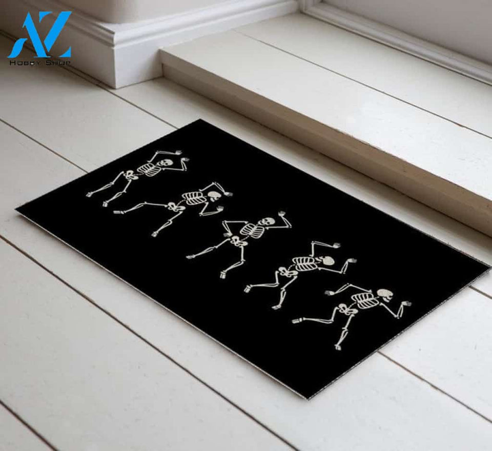 Personalized Name Family House Halloween Skeleton Doormat, Dancing Skeleton Halloween Decor, Halloween Mat
