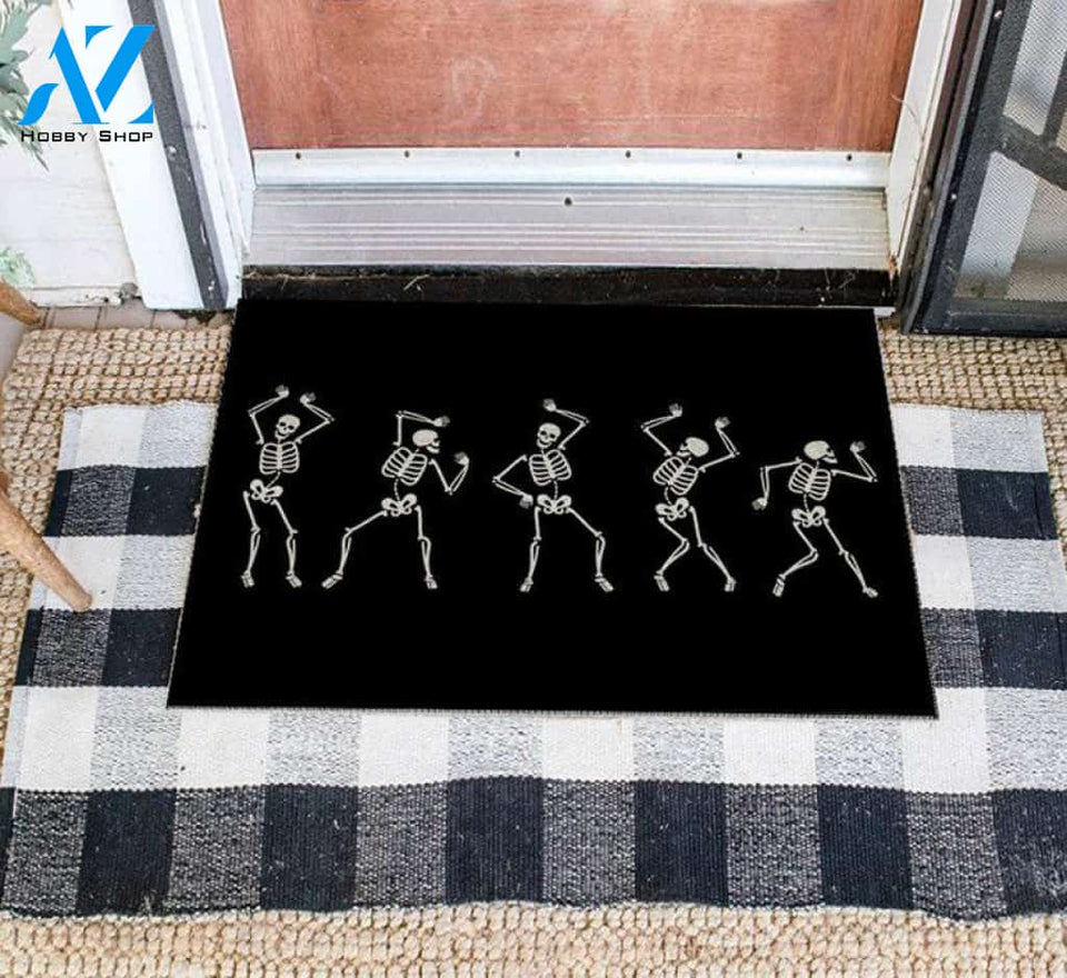 Personalized Name Family House Halloween Skeleton Doormat, Dancing Skeleton Halloween Decor, Halloween Mat