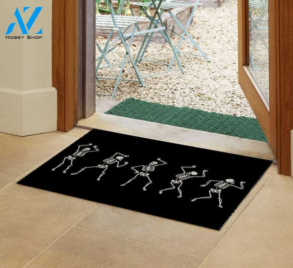 Personalized Name Family House Halloween Skeleton Doormat, Dancing Skeleton Halloween Decor, Halloween Mat