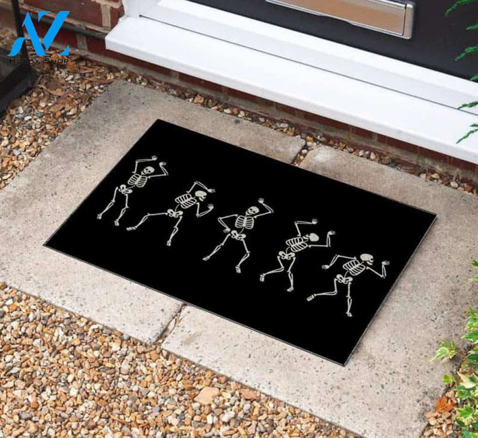 Personalized Name Family House Halloween Skeleton Doormat, Dancing Skeleton Halloween Decor, Halloween Mat