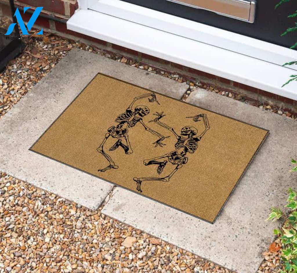 Personalized Name Family House Halloween Skeleton Doormat, Dancing Skeleton Halloween Decor, Halloween Mat