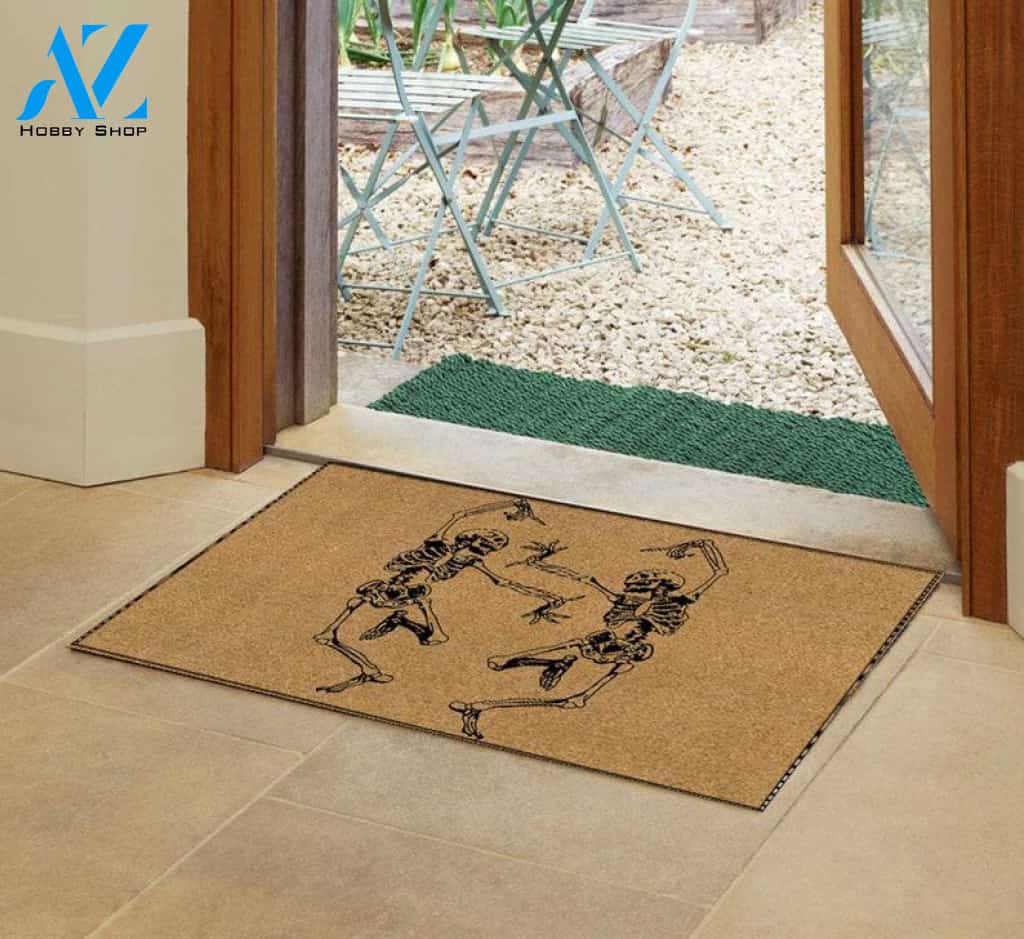 Personalized Name Family House Halloween Skeleton Doormat, Dancing Skeleton Halloween Decor, Halloween Mat