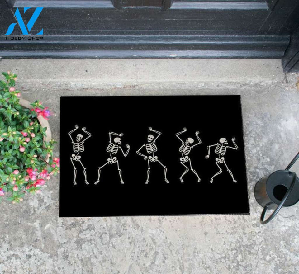 Personalized Name Family House Halloween Skeleton Doormat, Dancing Skeleton Halloween Decor, Halloween Mat