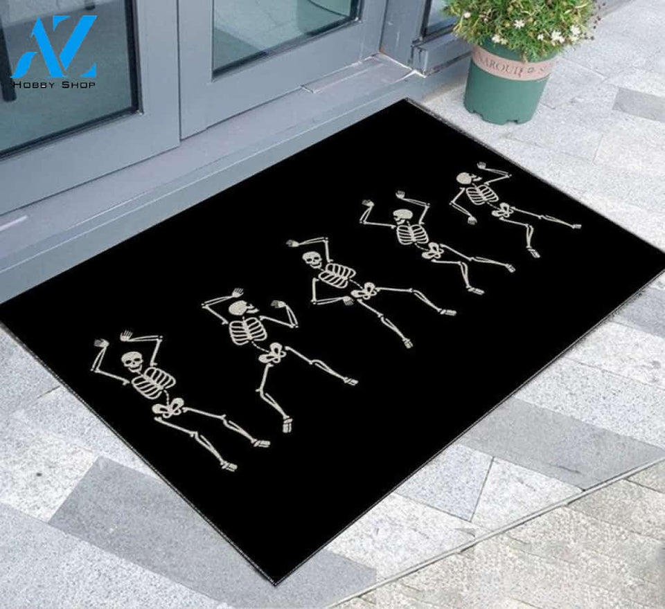 Personalized Name Family House Halloween Skeleton Doormat, Dancing Skeleton Halloween Decor, Halloween Mat