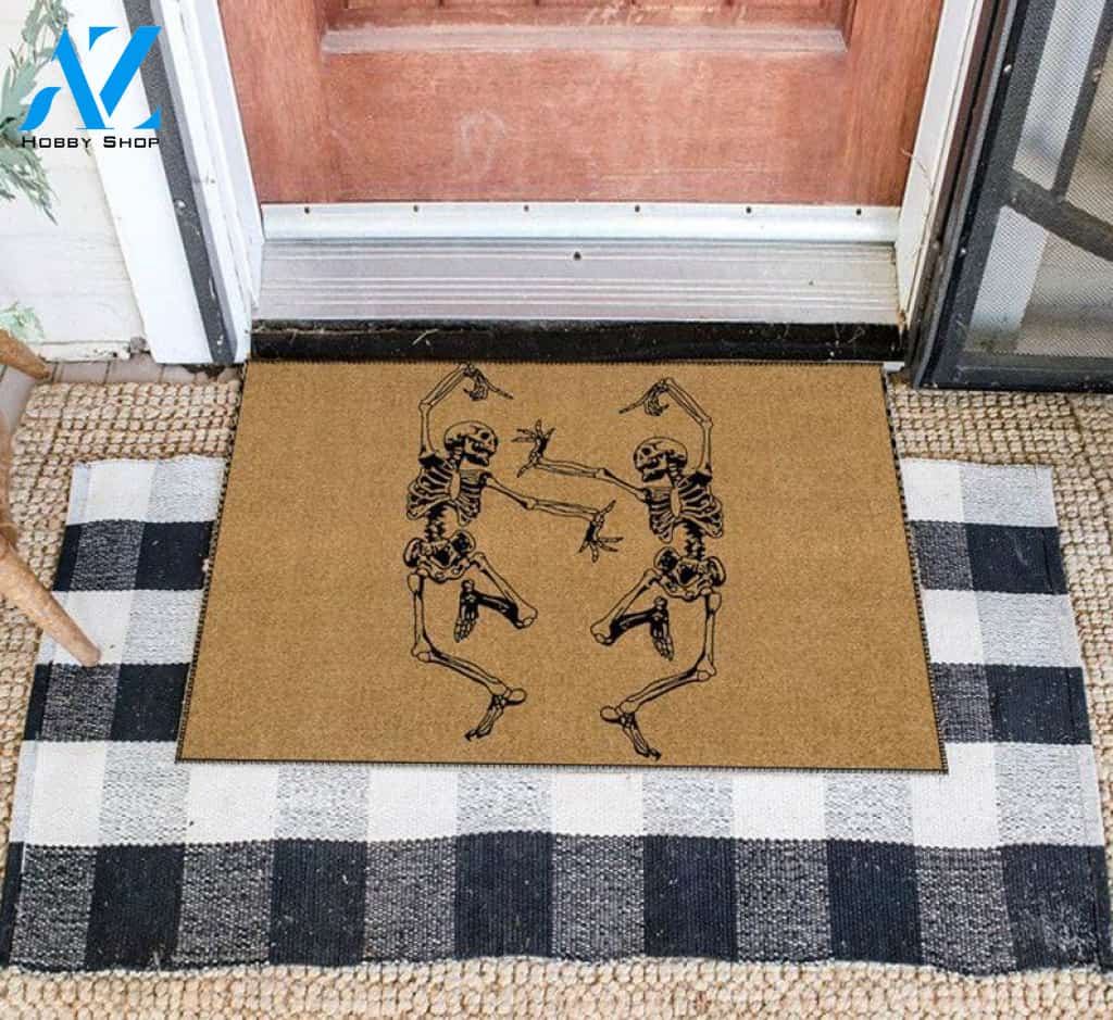 Personalized Name Family House Halloween Skeleton Doormat, Dancing Skeleton Halloween Decor, Halloween Mat