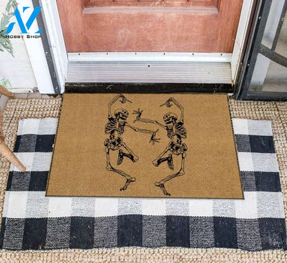 Personalized Name Family House Halloween Skeleton Doormat, Dancing Skeleton Halloween Decor, Halloween Mat