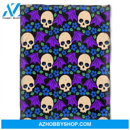 Halloween Skull And Purple Flower Fleece Blanket Halloween Adult Blanket, Pumpkins Emotions Halloween,Trick or Treat Home Decor Bedding Couch Sofa Soft And Comfy Cozy