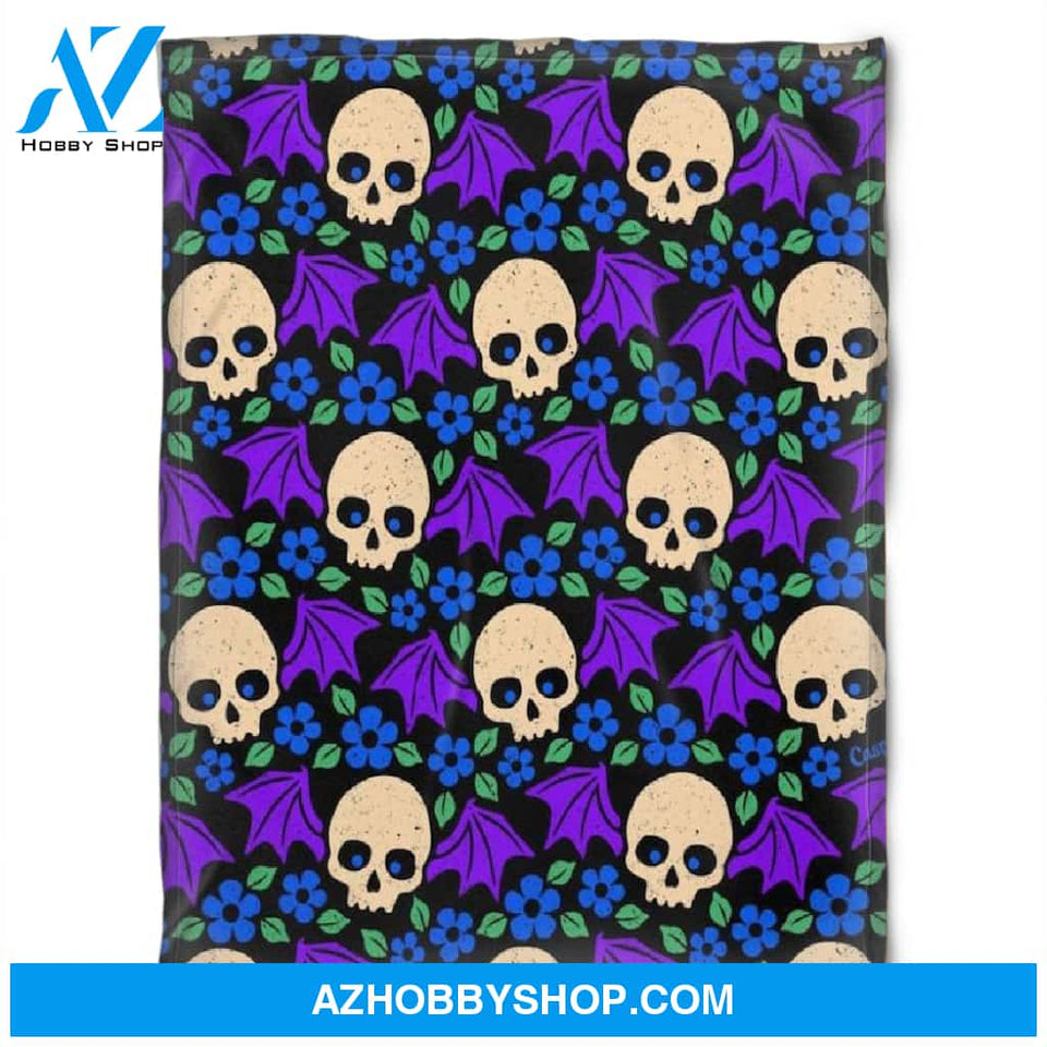 Halloween Skull And Purple Flower Fleece Blanket Halloween Adult Blanket, Pumpkins Emotions Halloween,Trick or Treat Home Decor Bedding Couch Sofa Soft And Comfy Cozy